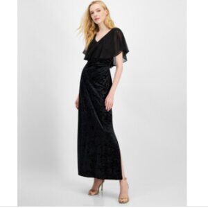 Connected Women's Cape Ruffle Velvet Gown - Black